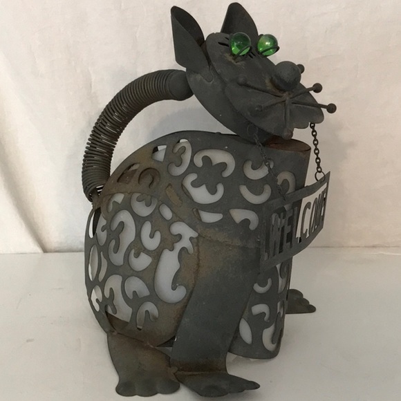 Steampunk Cat Welcome Art Metal Cat  Lantern Welded W/ Green Glass Eyes - Picture 4 of 16
